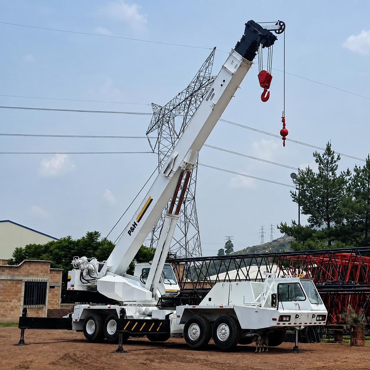Grúa P&H sobre camión en maniobra junto a torre de transmisión eléctrica